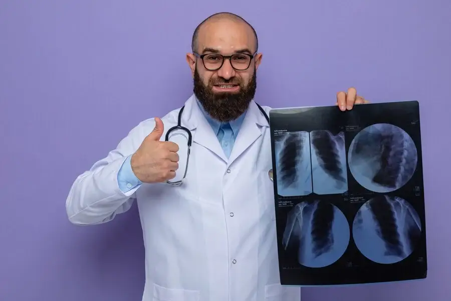 Urology specialist in white coat examining x-ray, related to medical billing.