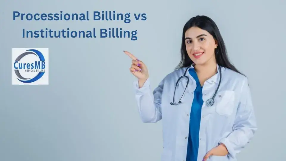 A female doctor in a lab coat pointing towords the professional billing vs institutional.