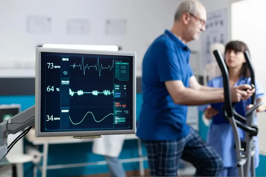 A person stand of Cardioversion machine for health process.