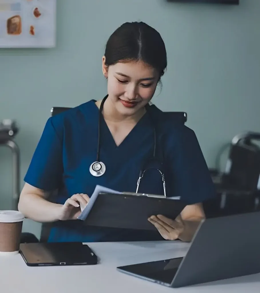 A Professional women work on medical billing and coding.